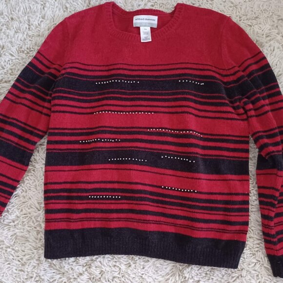 Alfred Dunner Petite PXL Red Black Striped Sweater Silver Beads Pullover Acrylic - Picture 1 of 5